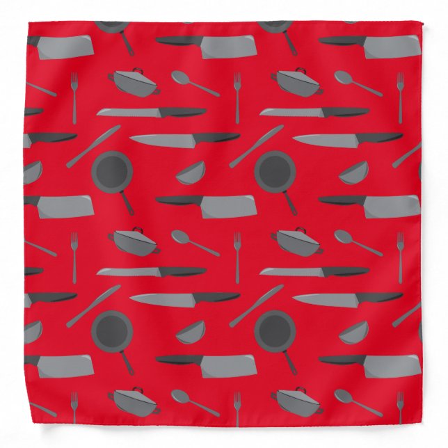 Red and Grey Chef Cooking Knives Pans Utensils Bandana (Front)