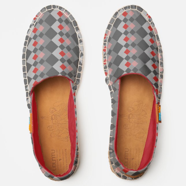 Red and Grey Chic Diamond Pattern, Abstract Trippy Espadrilles (Front)