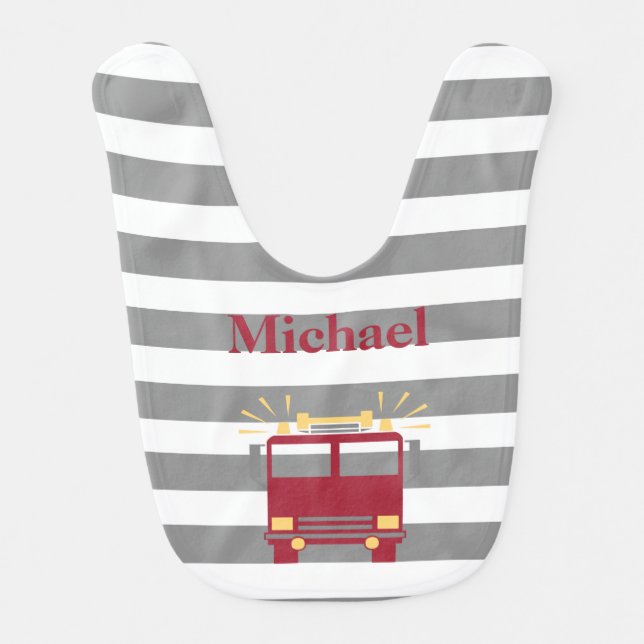 Red and Grey Fire Truck Baby Bib (Front)