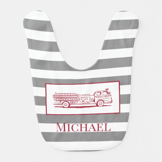 Red and Grey Fire Truck Baby Name Baby Bib (Front)