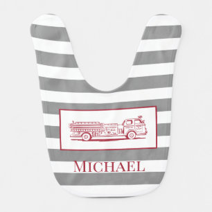 Red and Grey Fire Truck Baby Name Bib