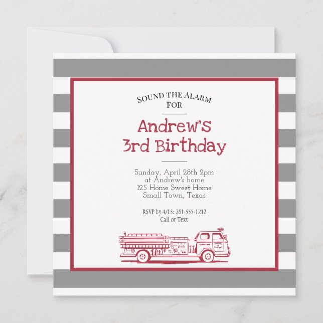 Red and Grey Fire Truck Birthday Invitation (Front)