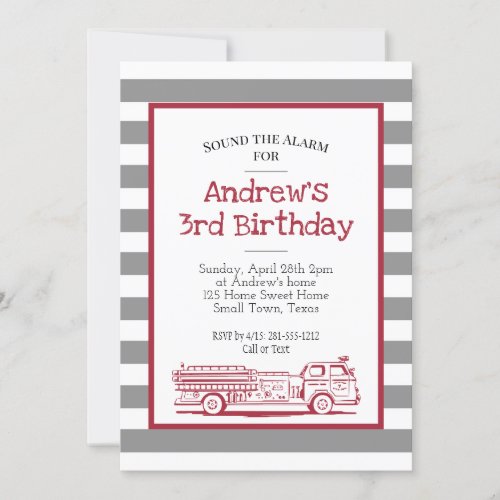 Red and Grey Fire Truck Birthday Invitation