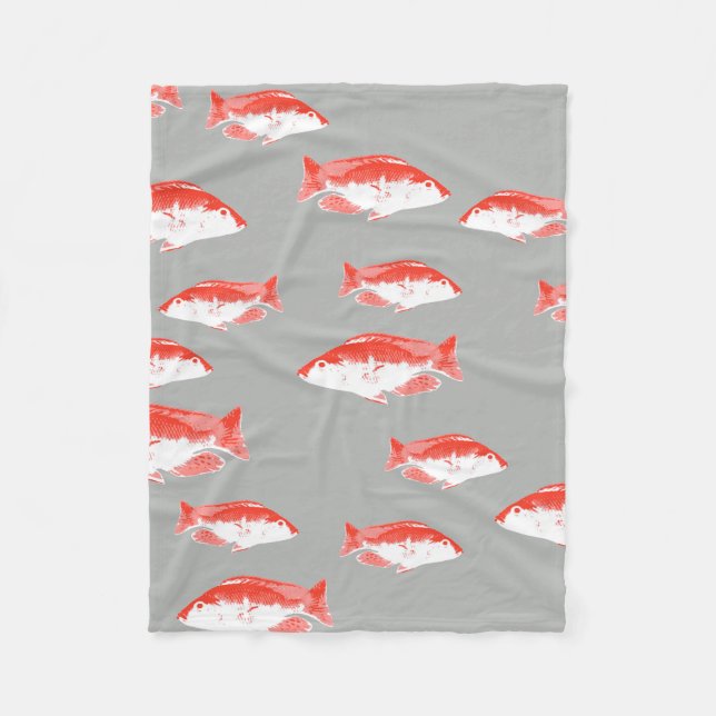 Red and grey fish fleece blanket (Front)