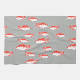 Red and grey fish kitchen towel