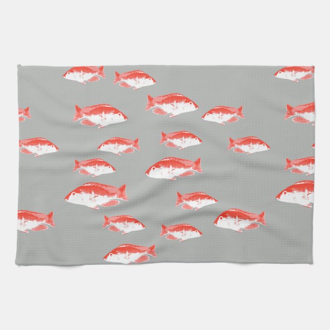 Red and grey fish kitchen towel (Horizontal)