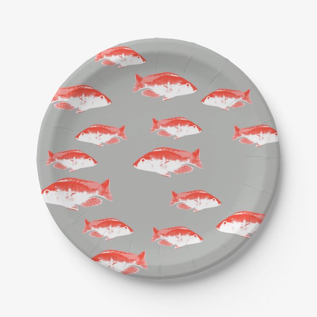 Red and grey fish paper plates (Front)