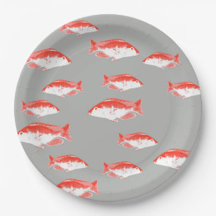 Red and grey fish paper plates
