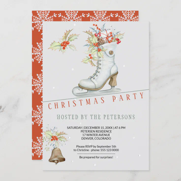 Red and Grey | Ice Skate and Gifts Christmas Party Invitation