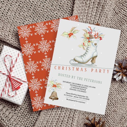 Red and Grey  Ice Skate and Gifts Christmas Party Invitation