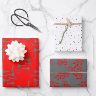 Red and Grey Keys, Floral and Polka Dots Assorted Wrapping Paper Sheets