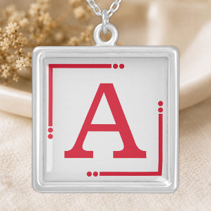 Red and grey personalized initial silver plated necklace