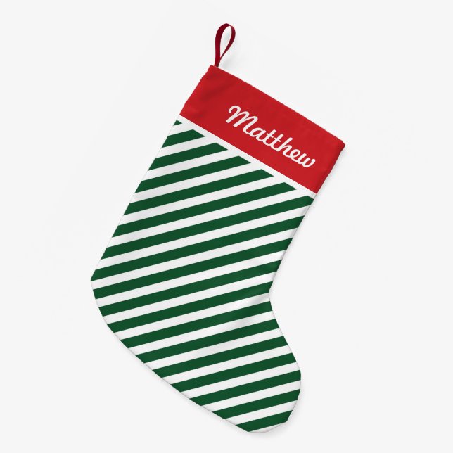 Red and Hunter Green Holiday Stripes Monogram Small Christmas Stocking (Front (Hanging))