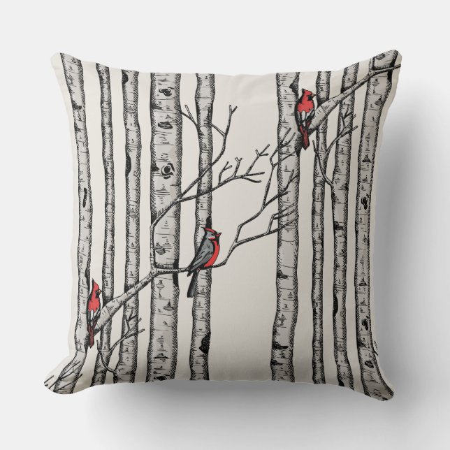 Red and Ivory Birch Trees and Red Cardinal Birds Throw Pillow (Front)