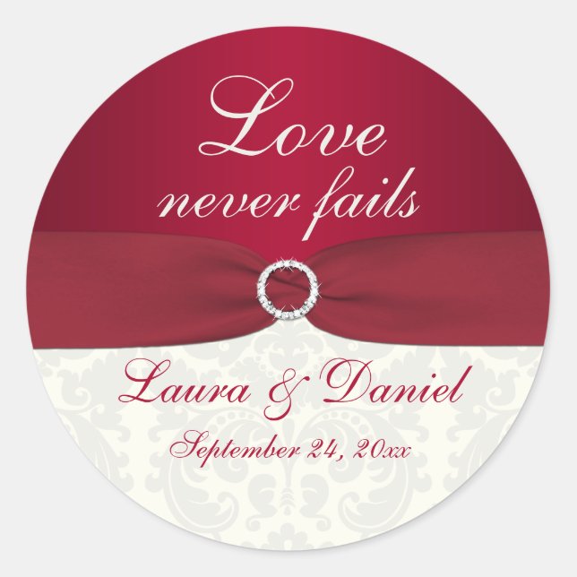 Red and Ivory Damask 1.5" Round Wedding Sticker (Front)