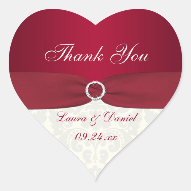 Red and Ivory Damask Heart-shaped Wedding Sticker (Front)