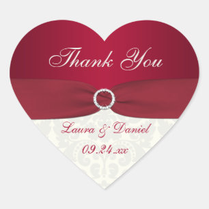 Red and Ivory Damask Heart-shaped Wedding Sticker