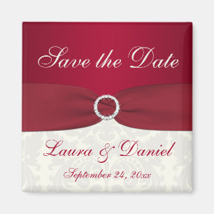 Red and Ivory Damask Save the Date Magnet