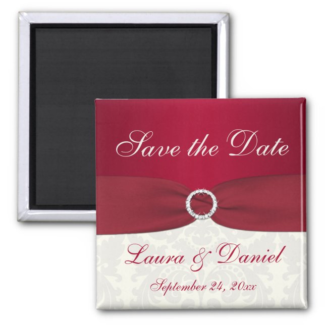 Red and Ivory Damask Save the Date Magnet (Front)
