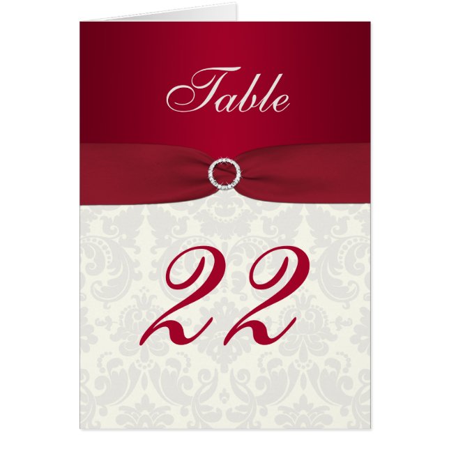 Red and Ivory Damask Table Number Card (Front)