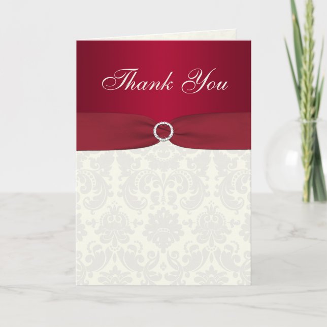 Red and Ivory Damask Thank you Card (Front)