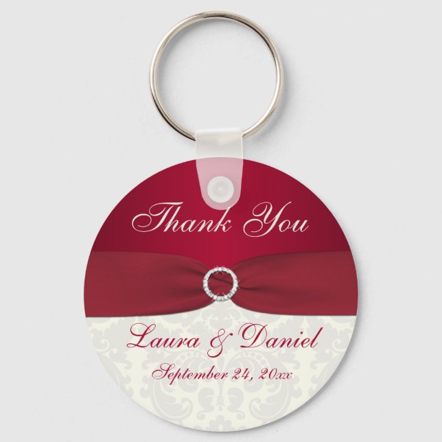 Red and Ivory Damask Thank You Keychain (Front)