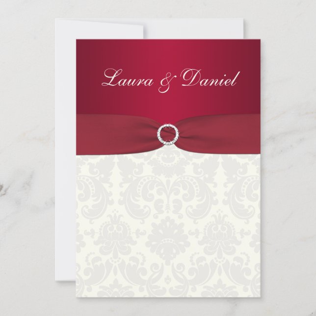 Red and Ivory Damask Wedding Invitation (Front)