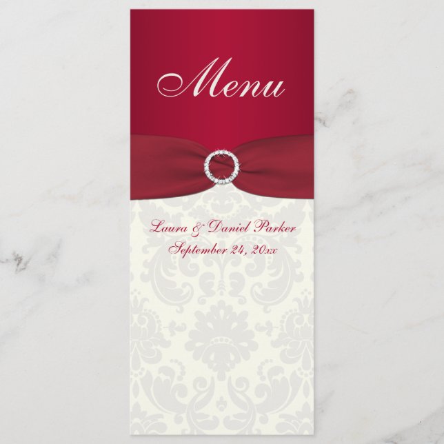 Red and Ivory Damask Wedding Menu Card (Front)