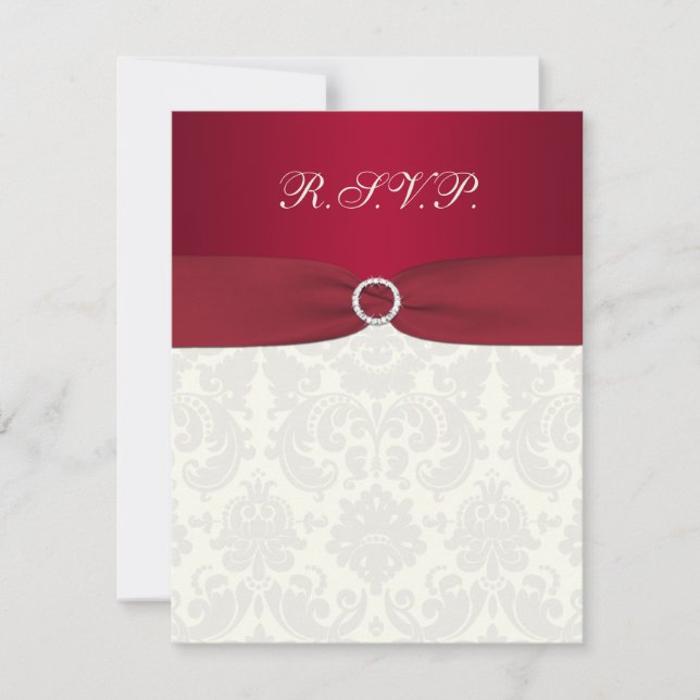 Red and Ivory Damask Wedding Reply Card (Front)