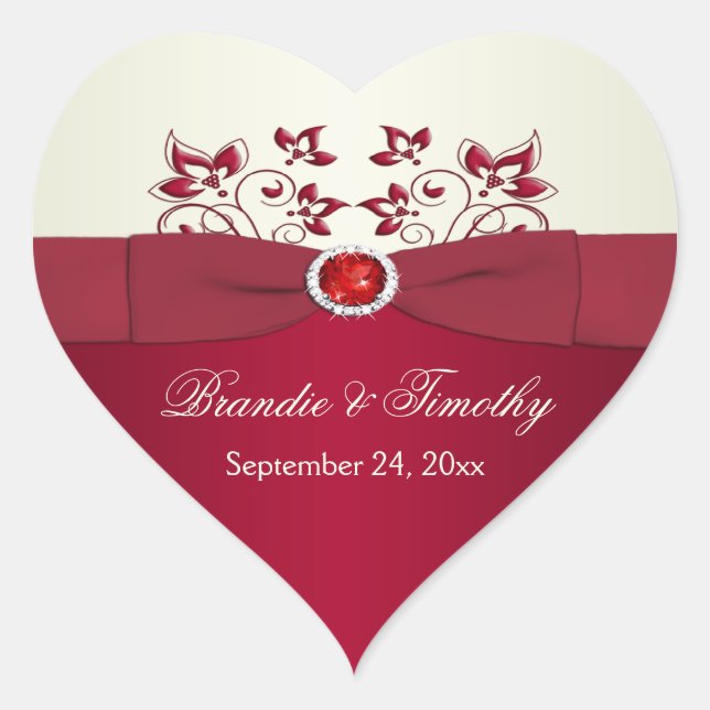 Red and Ivory Floral Heart Shaped Sticker (Front)