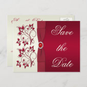 Red and Ivory Floral Save the Date Announcement Postcard (Front/Back)