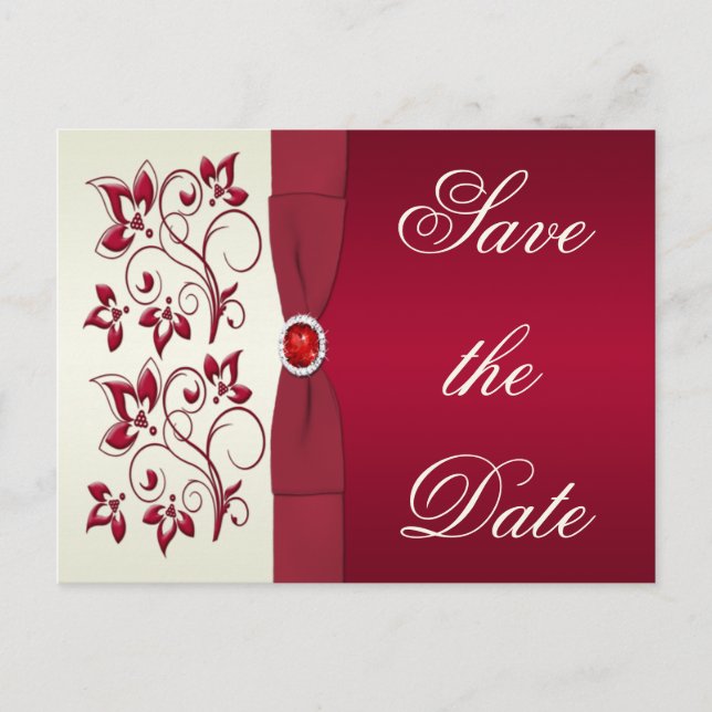 Red and Ivory Floral Save the Date Announcement Postcard (Front)