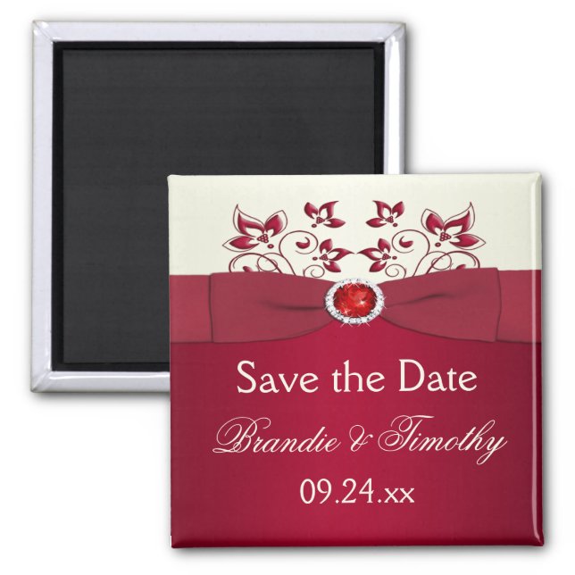 Red and Ivory Floral Save the Date Magnet (Front)