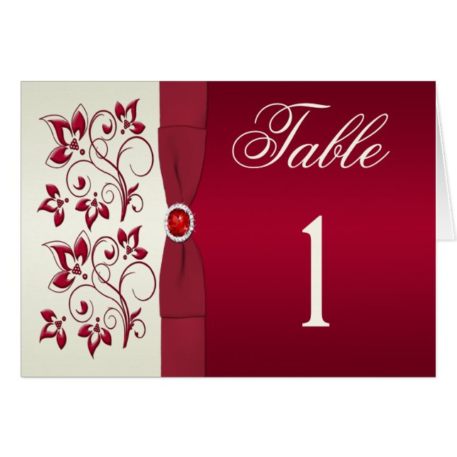 Red and Ivory Floral Table Number Card (Front Horizontal)