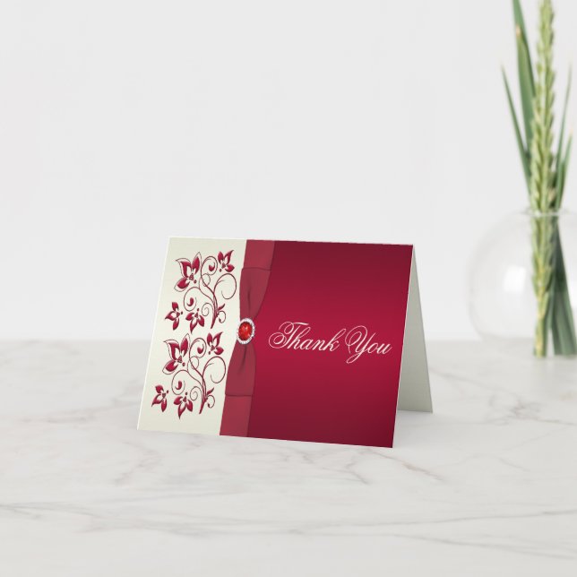 Red and Ivory Floral Thank You Card (Front)
