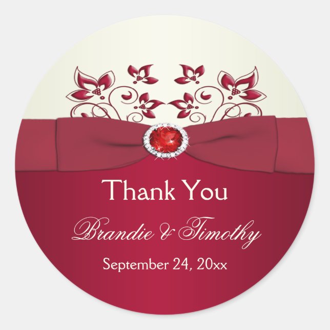 Red and Ivory Floral Thank You Wedding Sticker (Front)