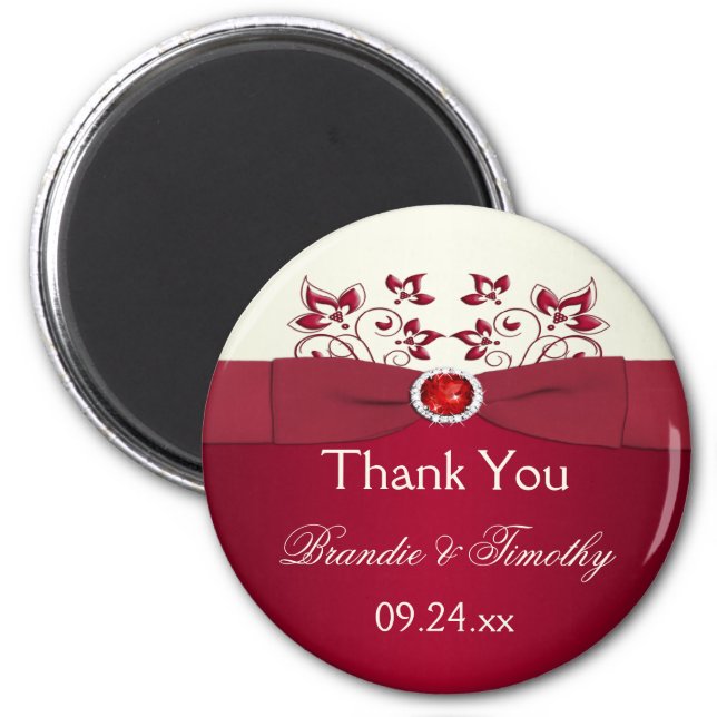 Red and Ivory Floral Wedding Favor Magnet (Front)