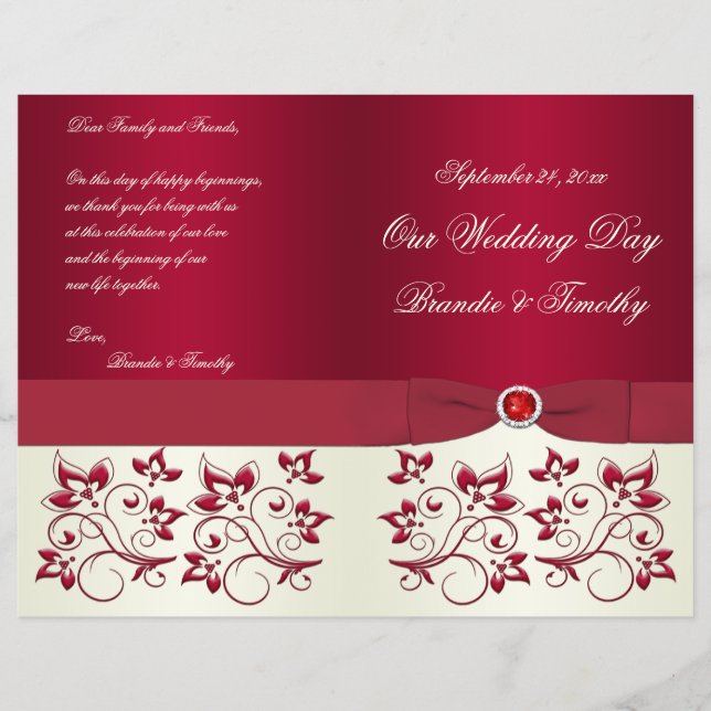 Red and Ivory Floral Wedding Program (Front)