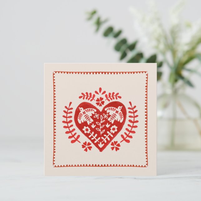 Red and Ivory Folk Art Heart Valentine's Day Card (Standing Front)