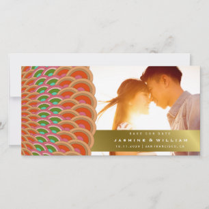 Red And Jade Art Deco Vintage Scallop Pattern Fan Save The Date