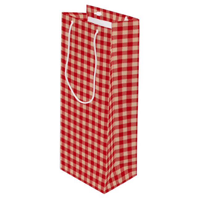 Red and Kraft Country Gingham Christmas  Wine Gift Bag (Front Angled)