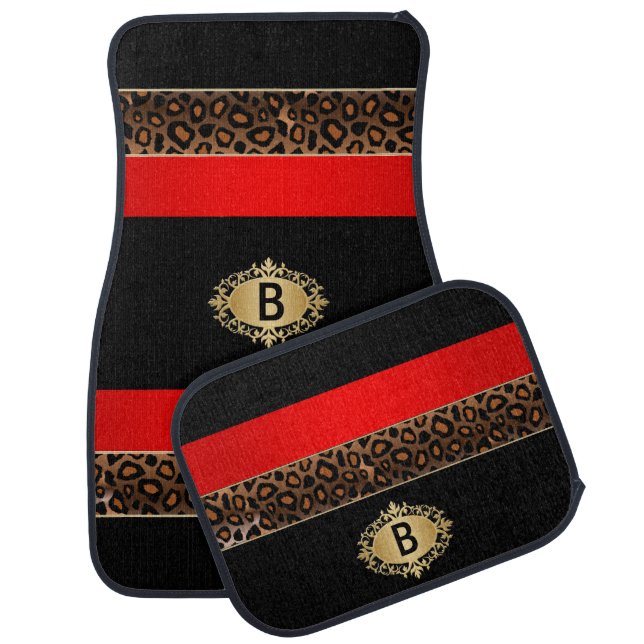 Red and Leopard Animal Print | Monogram Car Floor Mat (Set)