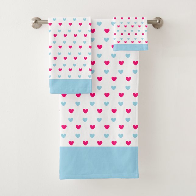 Red and Light Blue Hearts Bath Towel Set (Insitu)