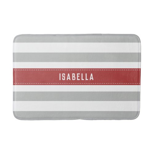 Red and Light Gray Wide Stripes Pattern Name Bath Mat