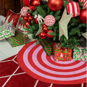 Red and Light Pink Rings Pattern Brushed Polyester Tree Skirt