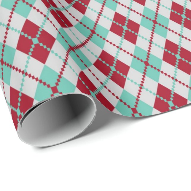 Red and Mint Green Argyle Christmas Pattern Wrapping Paper (Roll Corner)