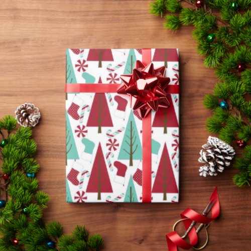  Red and Mint Green Christmas Trees and Peppermint Wrapping Paper
