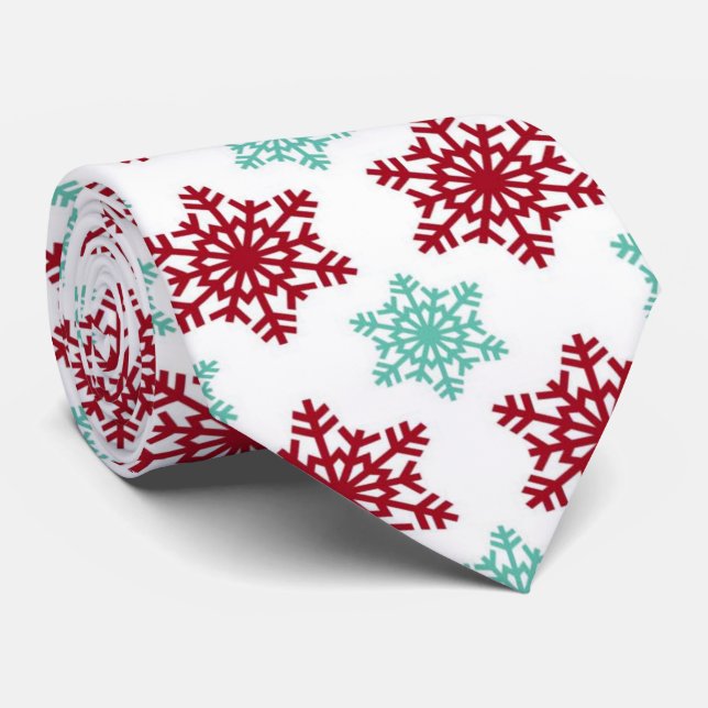 Red and Mint Green Snowflakes Christmas Neck Tie (Rolled)