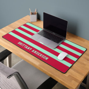 Red and Mint Green Stripes Pattern Personalized Desk Mat