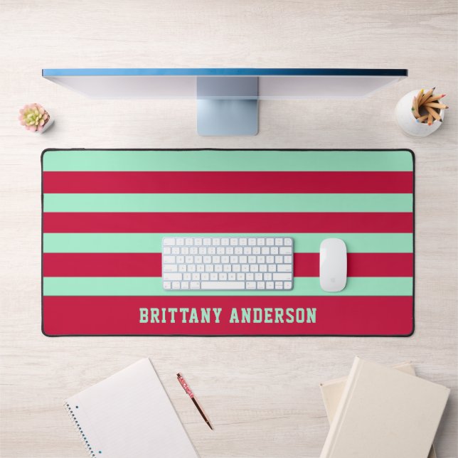 Red and Mint Green  Stripes Pattern Personalized  Desk Mat (Office 1)